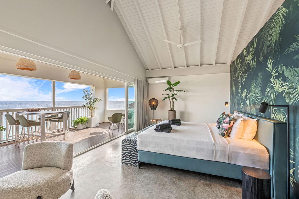 The Ocean View Loft with high beamed ceilings and a view of the Caribbean Sea